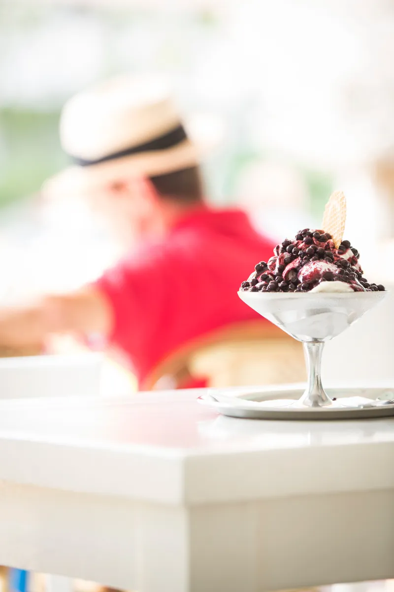 Heidelbeer-Eisbecher mit Waffel im Silberschälchen