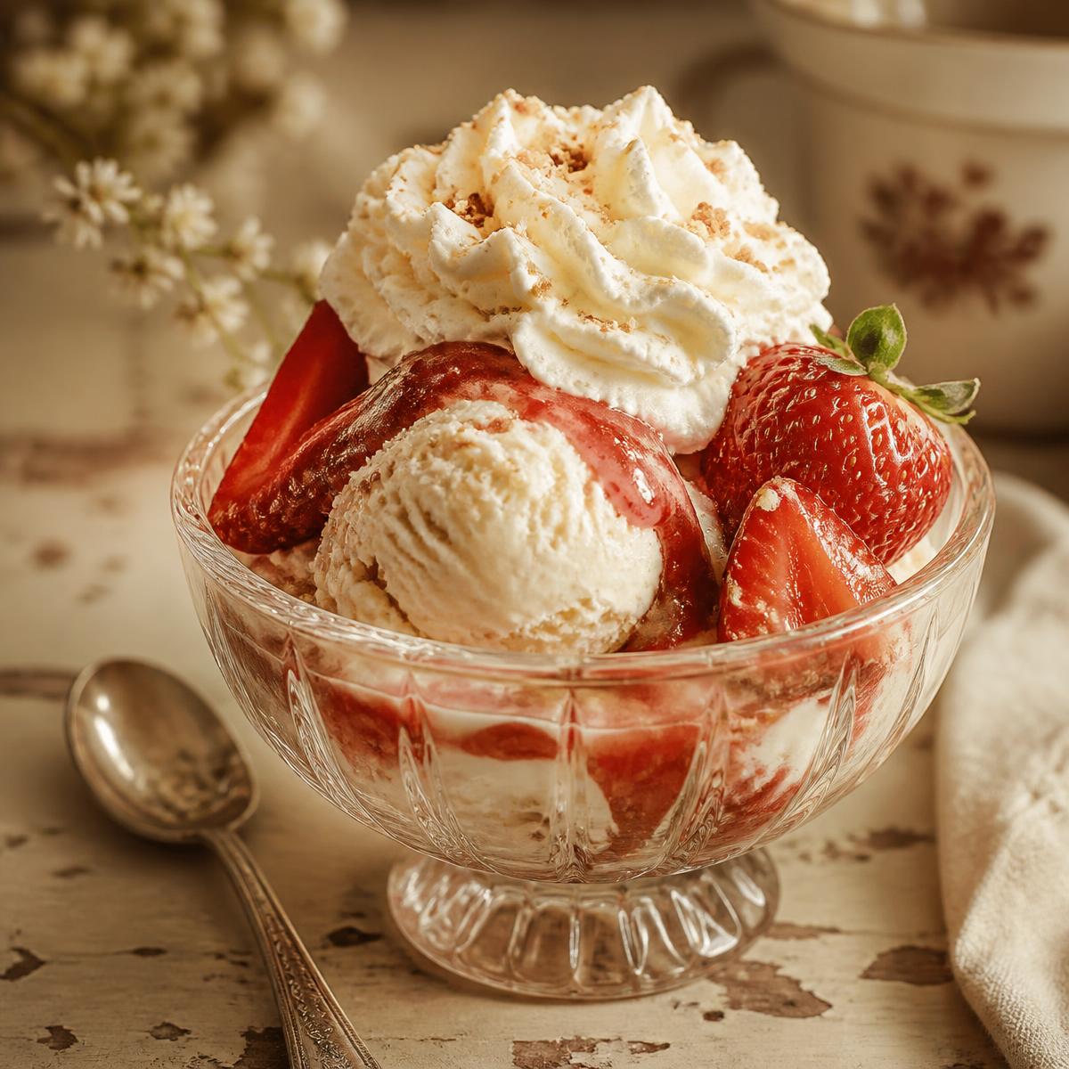 Eisbecher mit Vanilleeis, Sahne und frischen Erdbeeren
